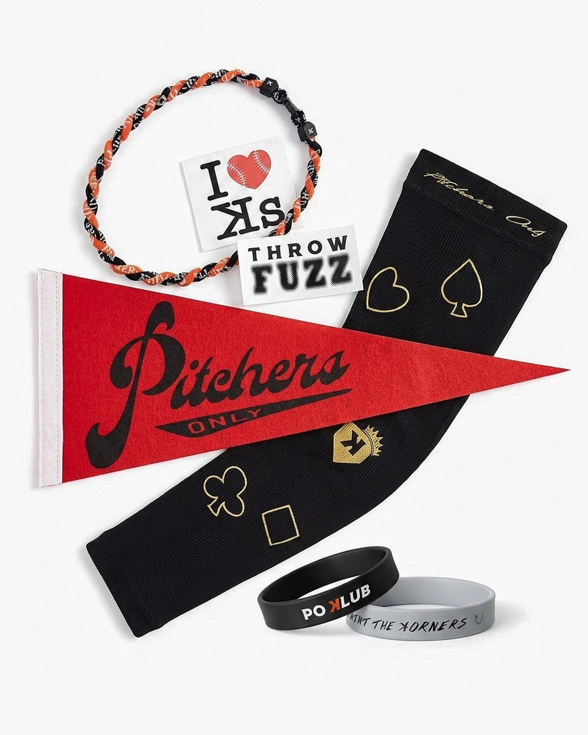5-Year Gift Pack contents: Pitchers Only pennant, twisted performance necklace, arm sleeve, crew socks, two silicone bracelets and stickers