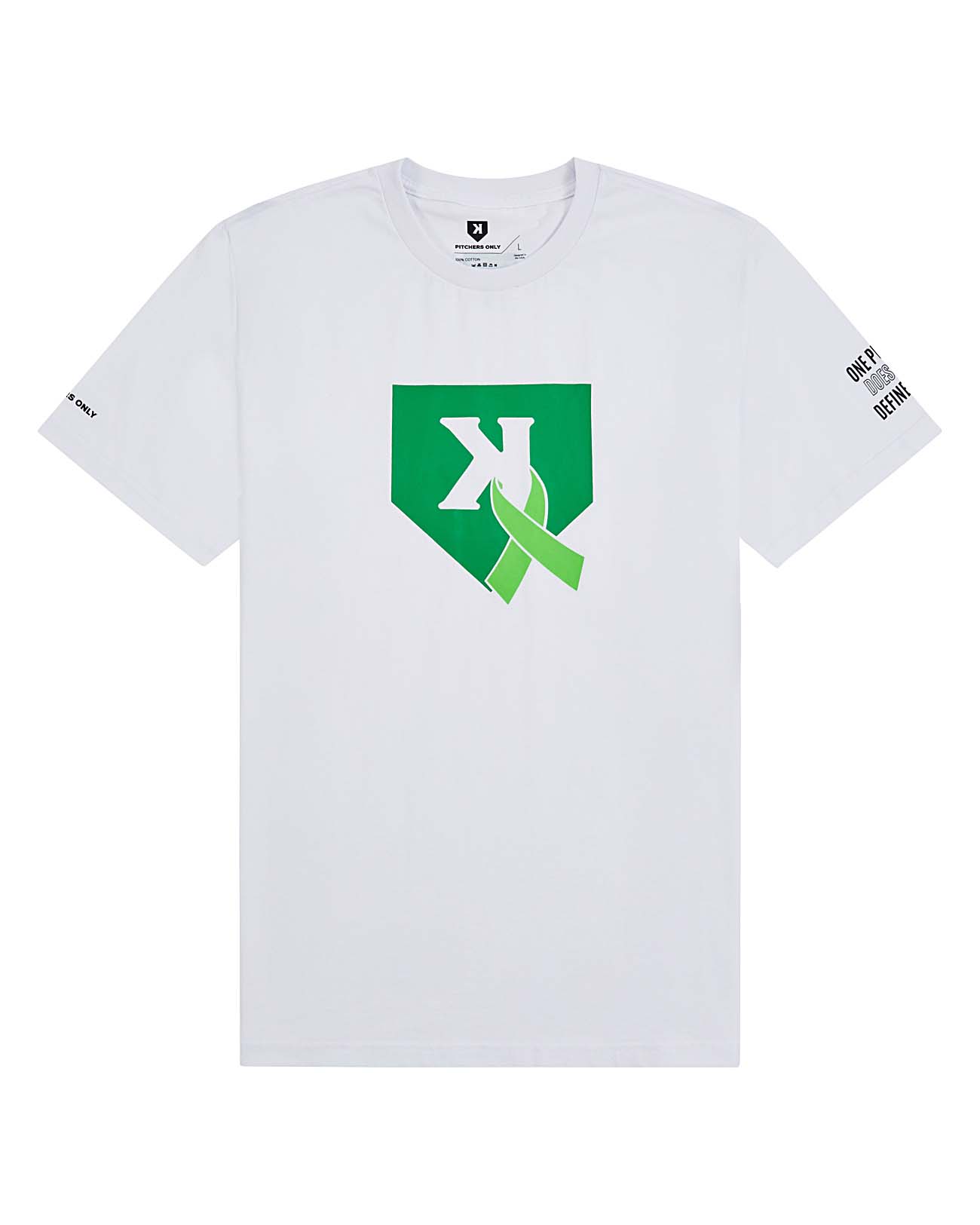 Youth One Pitch Tee front view, white with green home plate K