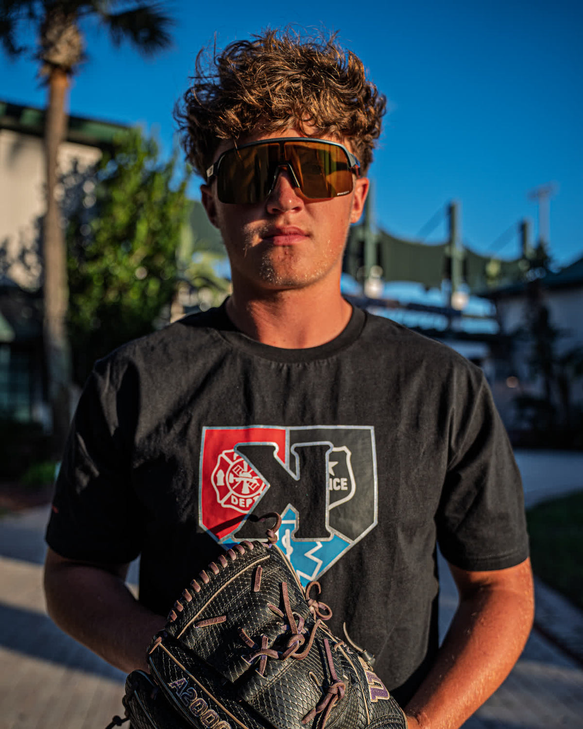 Pitcher in the First Responders Tee with his glove at his chest - Pitchers Only