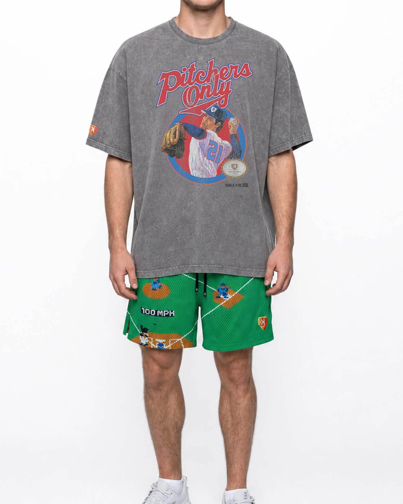 Retro Game Tee worn with green NES print mesh shorts, full outfit