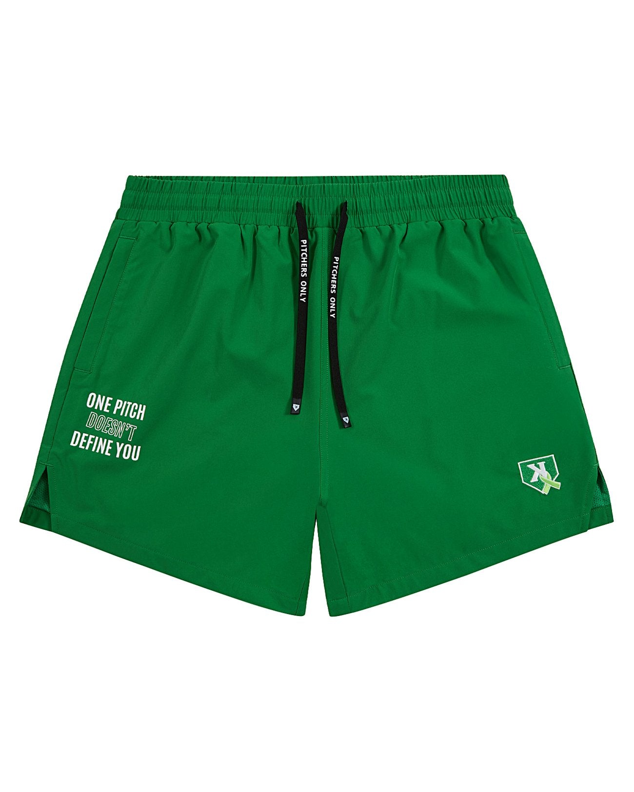 One Pitch Shorts in Kelly Green, front view with embroidered K