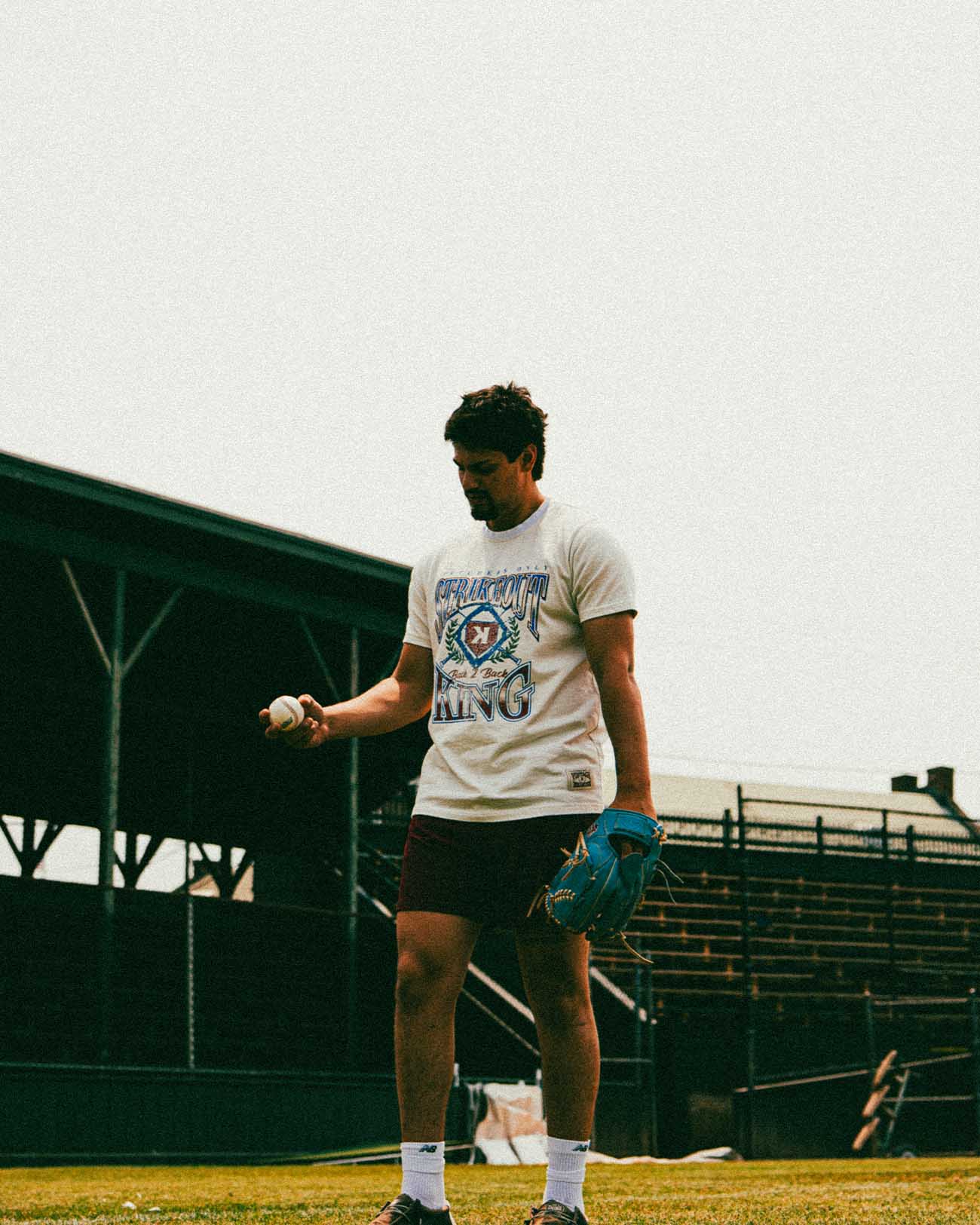 Strikeout King Vintage Tee - Cream baseball pitcher tee - detail closeup