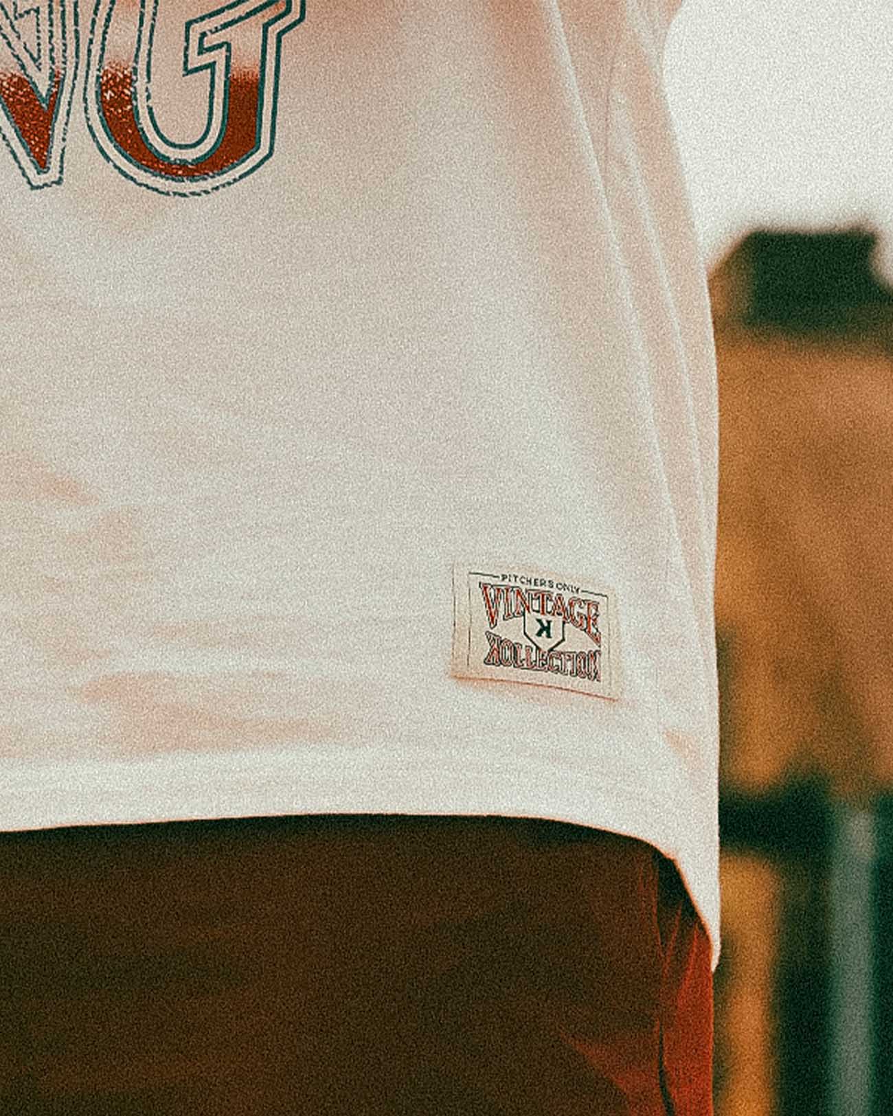 Pitchers Only Strikeout King Vintage Tee - Cream baseball pitcher tee - side angle