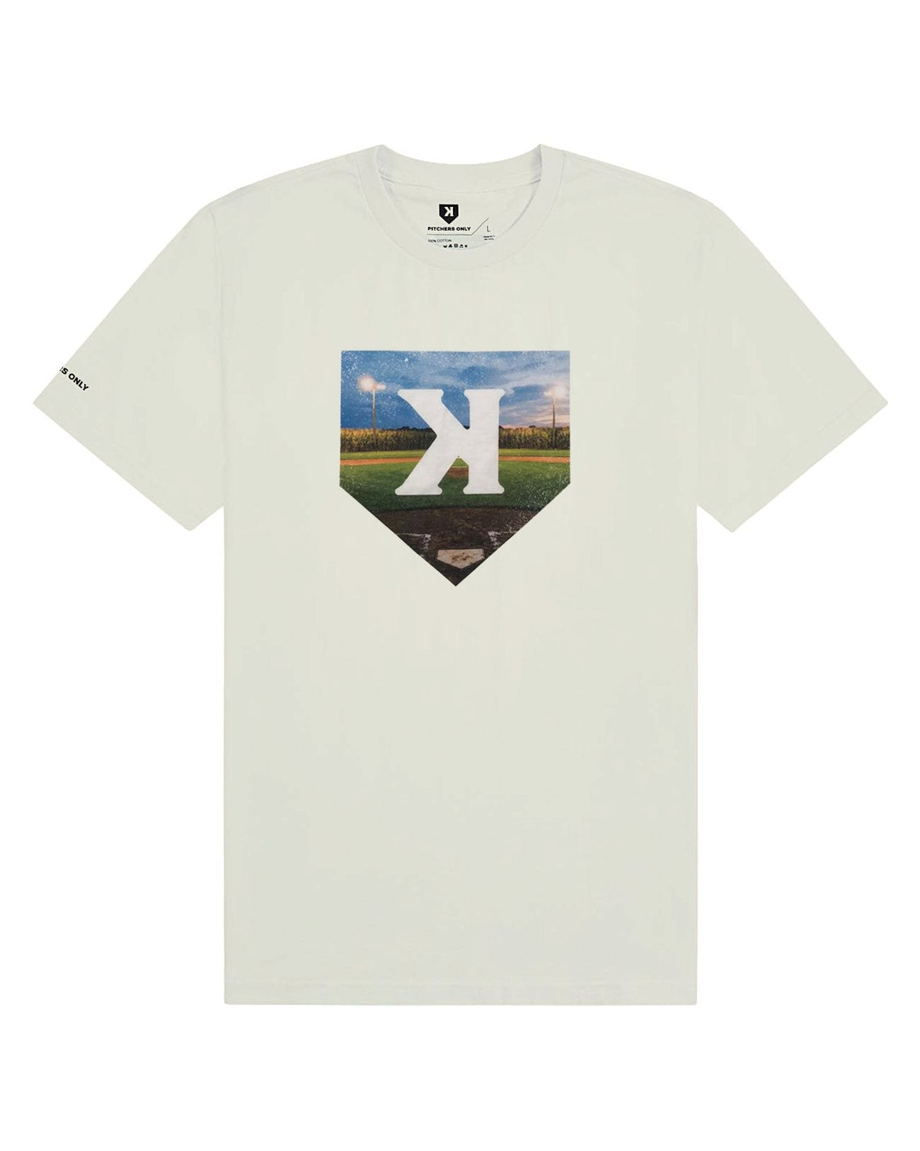 Mound of Dreams Tee front in Cannoli Cream, home plate cornfield print