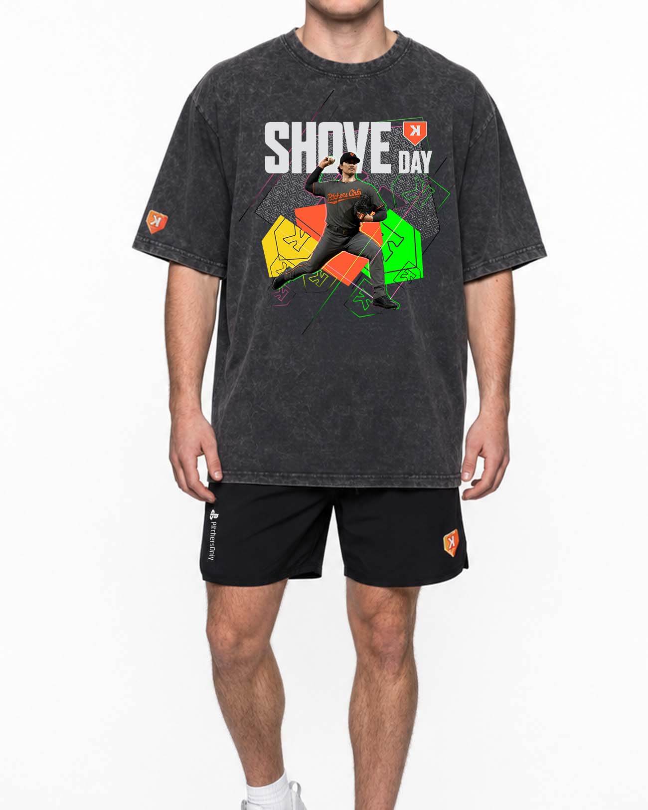 The Show Tee worn with black shorts, full outfit