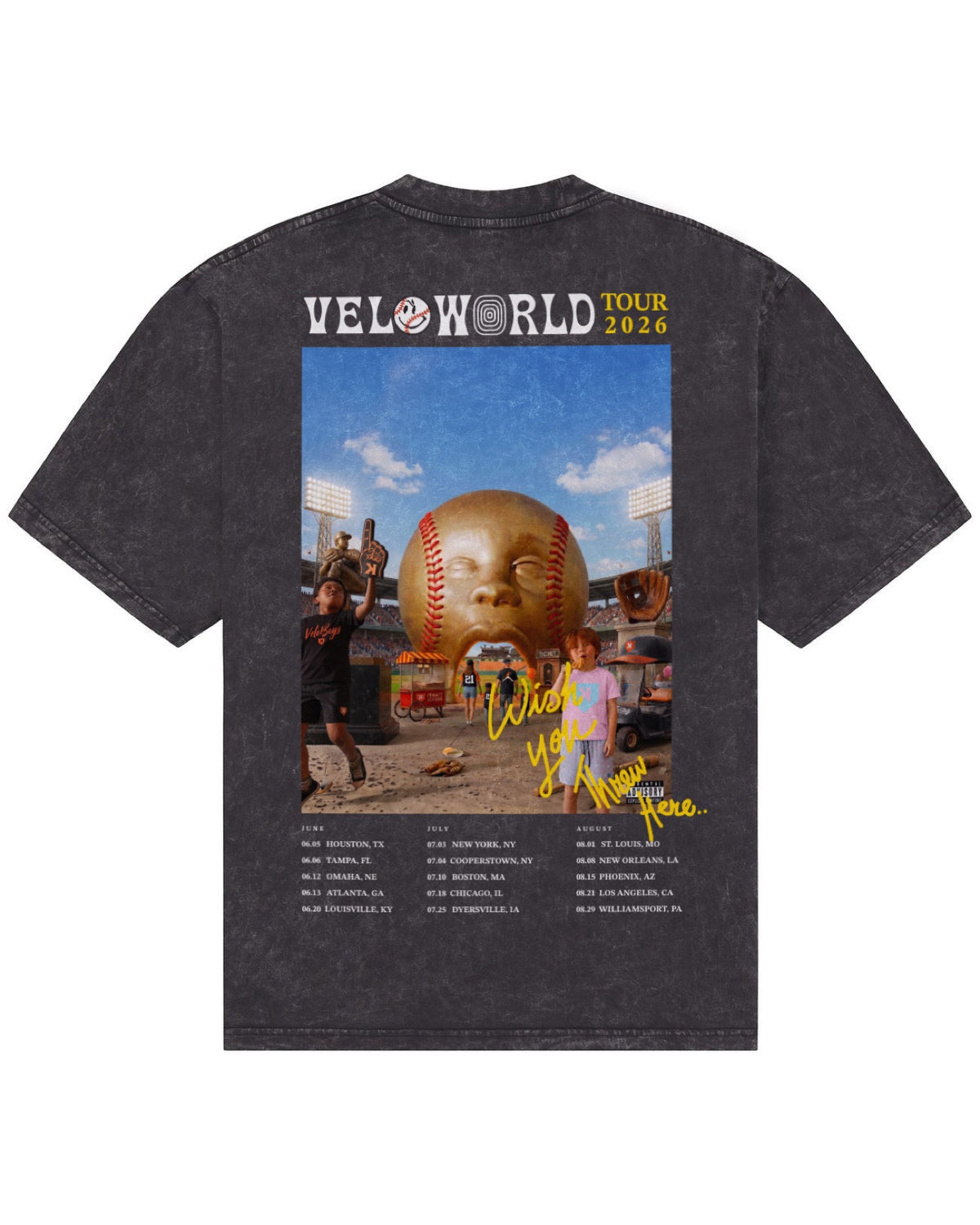 Youth Velo World Washed Tee, Velo World Tour 2026 artwork and routing on the back