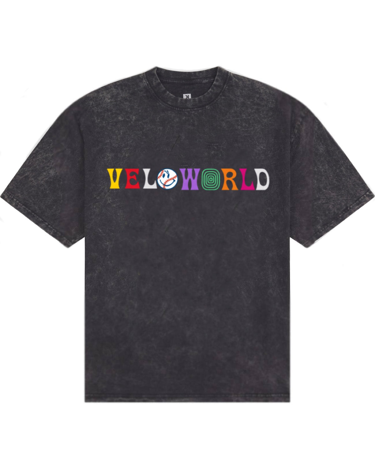 Youth Velo World Washed Tee, VeloWorld front graphic on black acid washed cotton