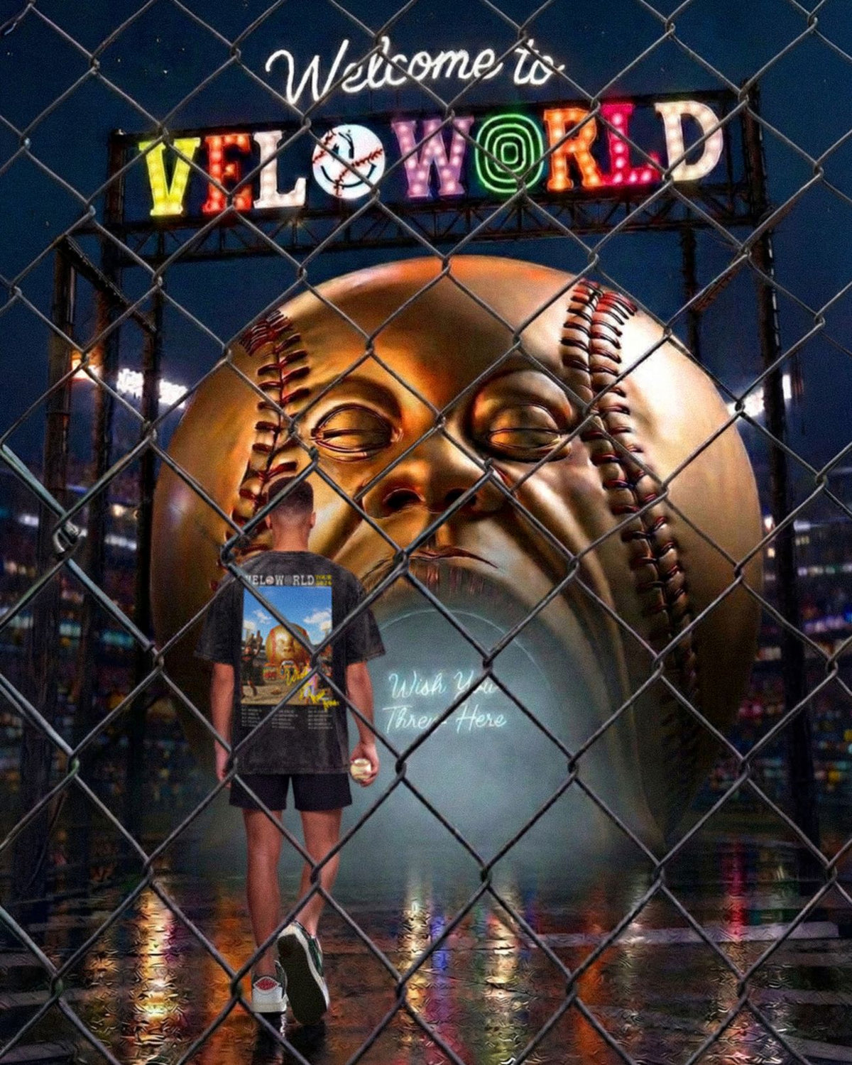 Velo World Washed Tee, Velo World Tour 2026 back graphic, worn under the lit VeloWorld marquee at night, adult fit shown