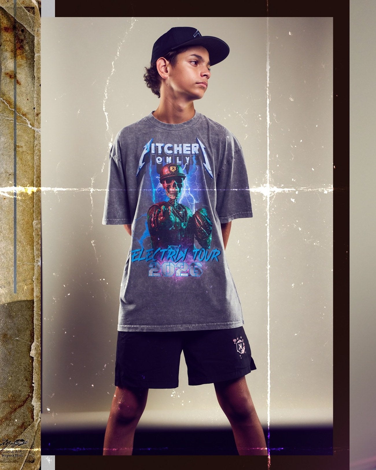 Youth Electrik Tour Washed Tee on model, oversized fit