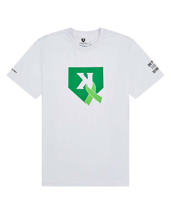 One Pitch Tee front view, white with green home plate K