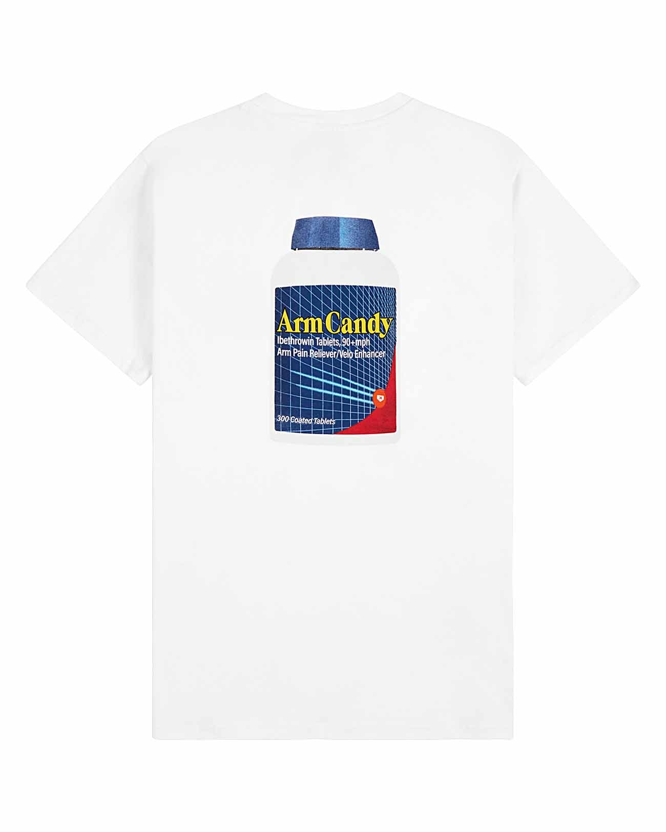 Back view of Pitchers Only Arm Candy white t-shirt with Ibethrowin graphic design.