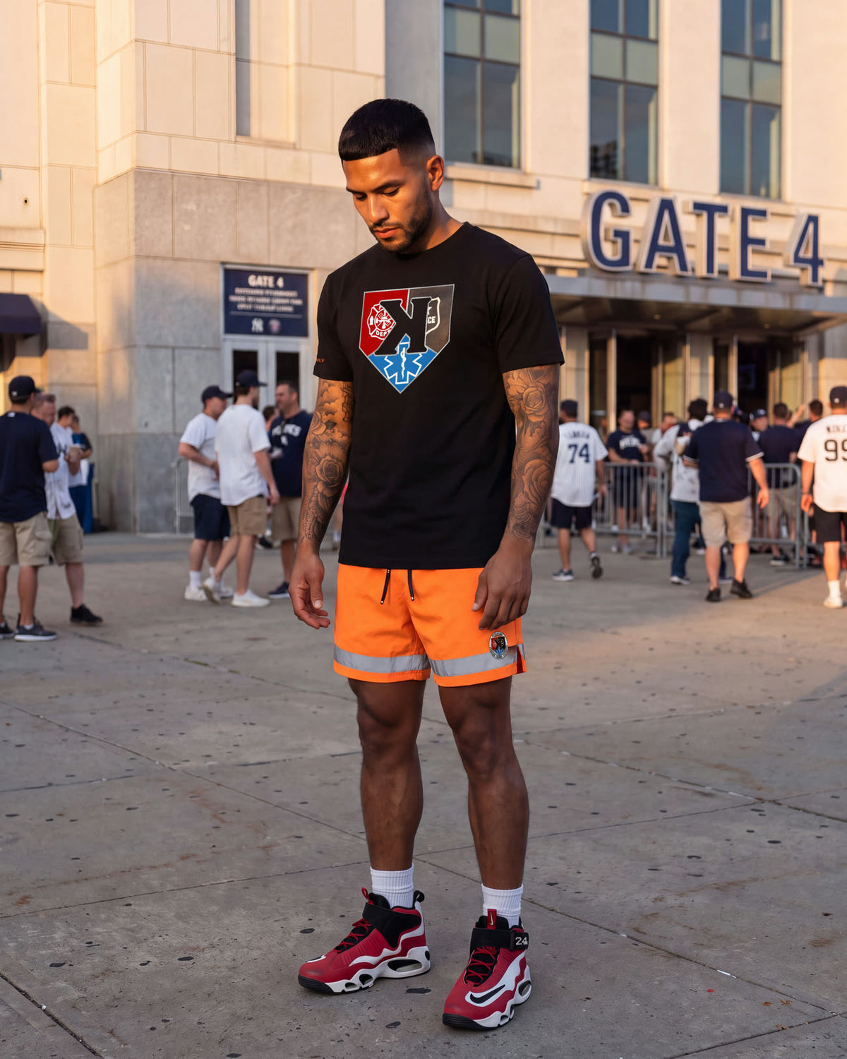Model in the First Responders Tee and Shorts at Gate 4, Yankee Stadium