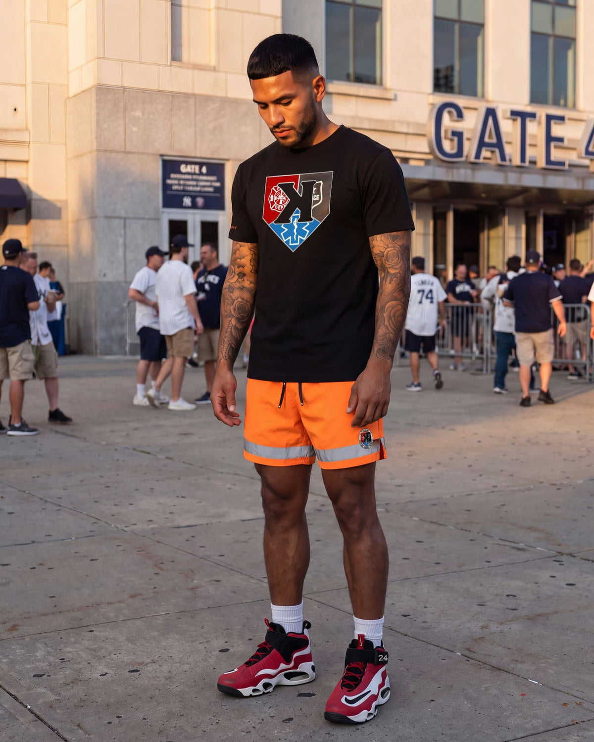 Model in the First Responders Tee and Shorts at Gate 4, Yankee Stadium