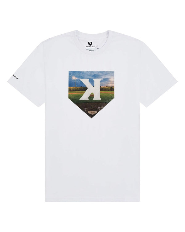 Mound of Dreams Tee front in White, home plate cornfield print