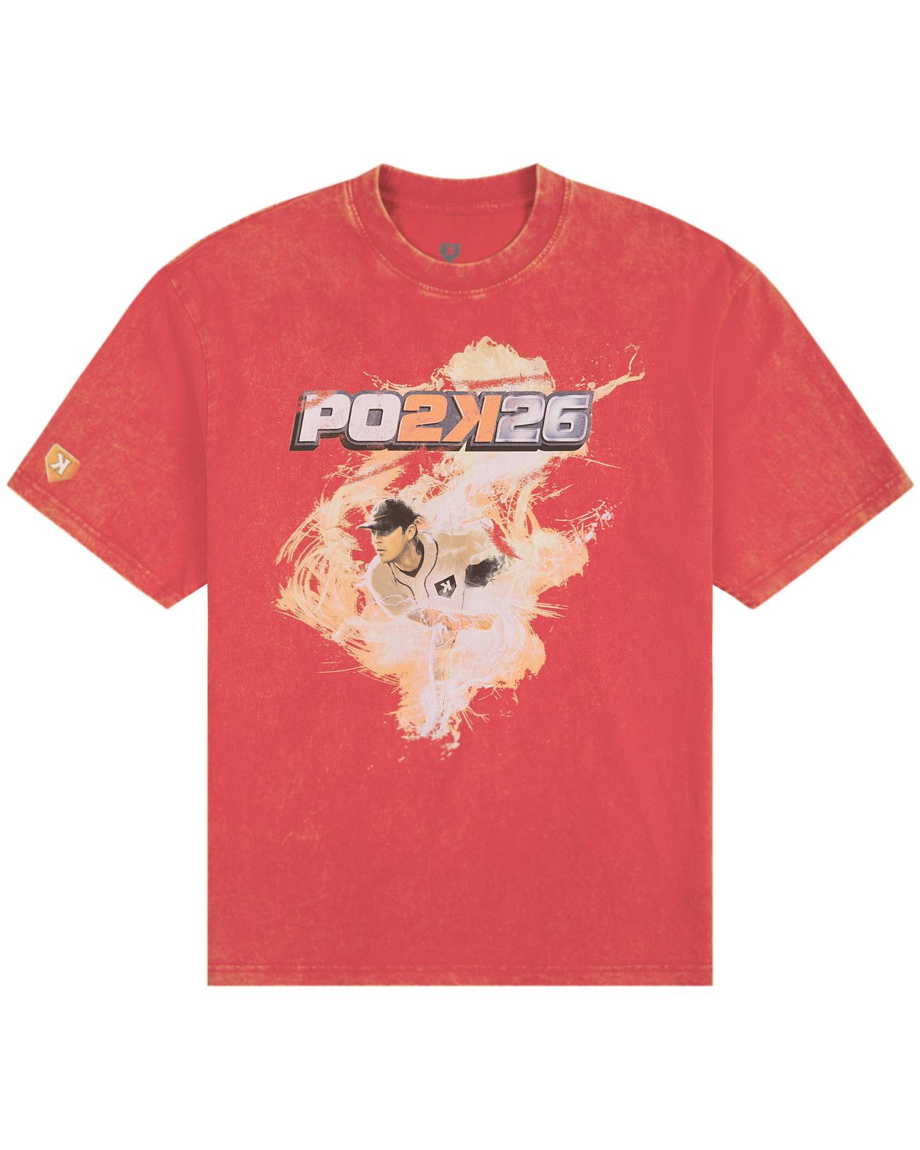 PO2K Tee front, PO2K26 cover art graphic on a red acid wash