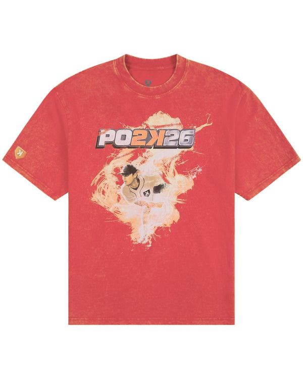 PO2K Tee front, PO2K26 cover art graphic on a red acid wash