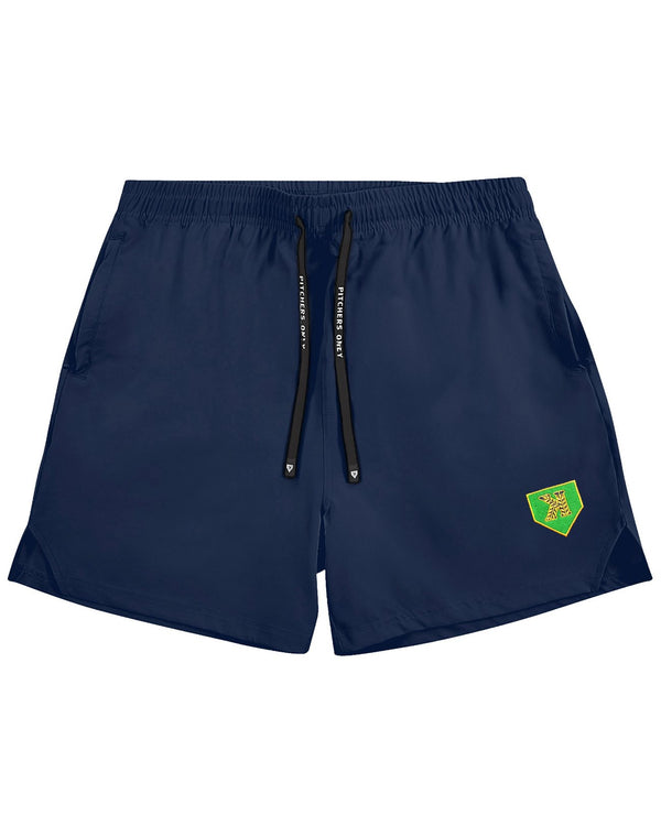 Mound of Dreams Shorts front in Beacon Blue with gold shield on the left leg