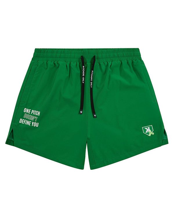 One Pitch Shorts in Kelly Green, front view with embroidered K