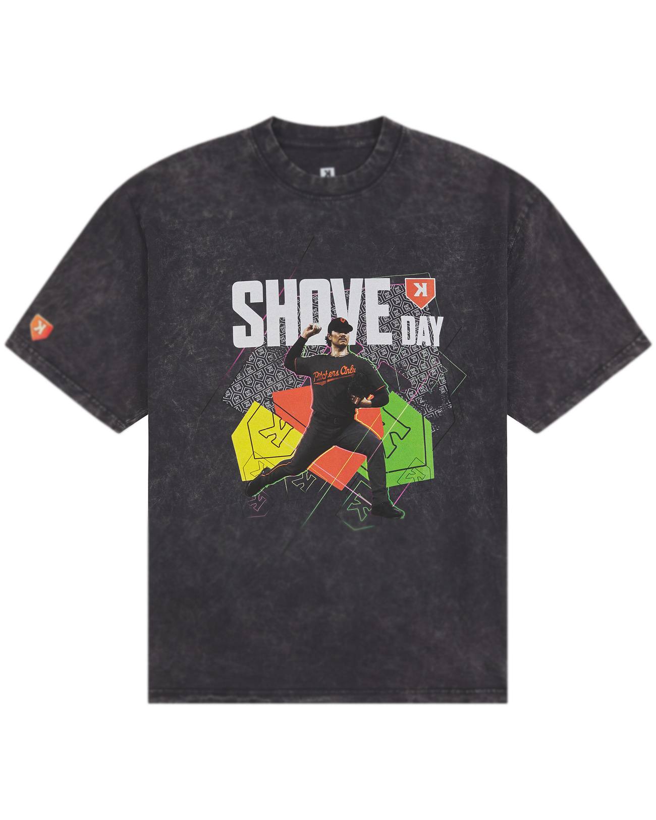 The Show Tee front, SHOVE DAY block type over neon home plates on a black mineral wash