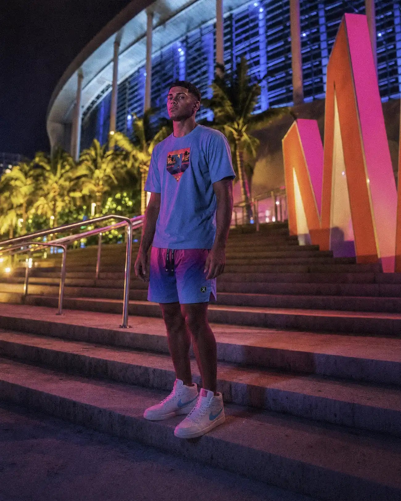 Summer Nights Tee and Shorts worn together at night outside the ballpark