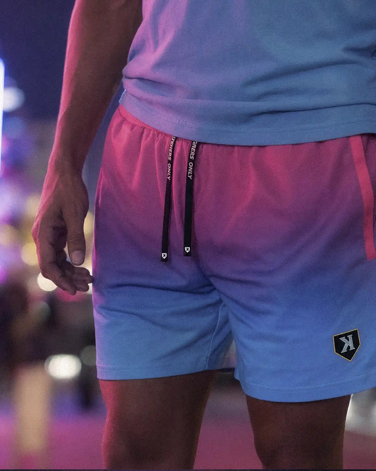 Close detail of the Summer Nights Shorts waistband, Pitchers Only drawcords and home plate K patch