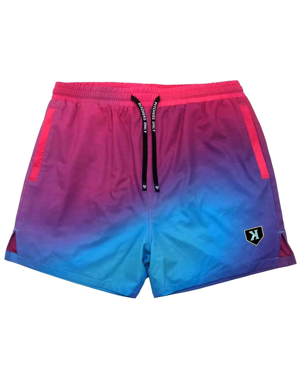 Youth Summer Nights Shorts front on a white background, pink to blue sunset fade with zip side pockets