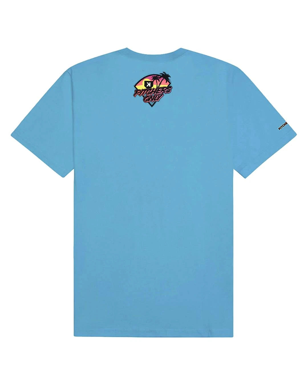 Youth Summer Nights Tee back on a white background showing the Pitchers Only sunset badge