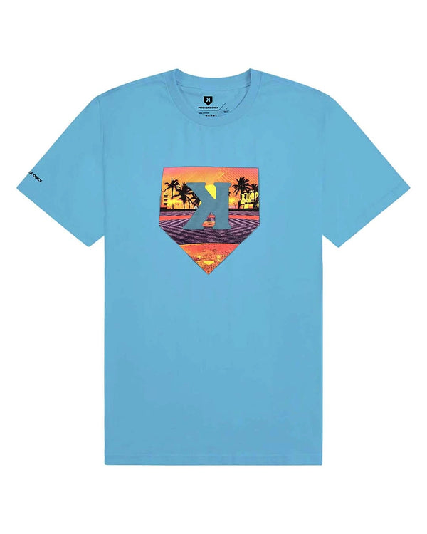Youth Summer Nights Tee front on a white background, sunset home plate K graphic on light blue cotton