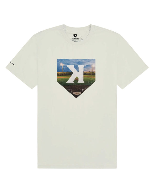 Mound of Dreams Tee front in Cannoli Cream, home plate cornfield print