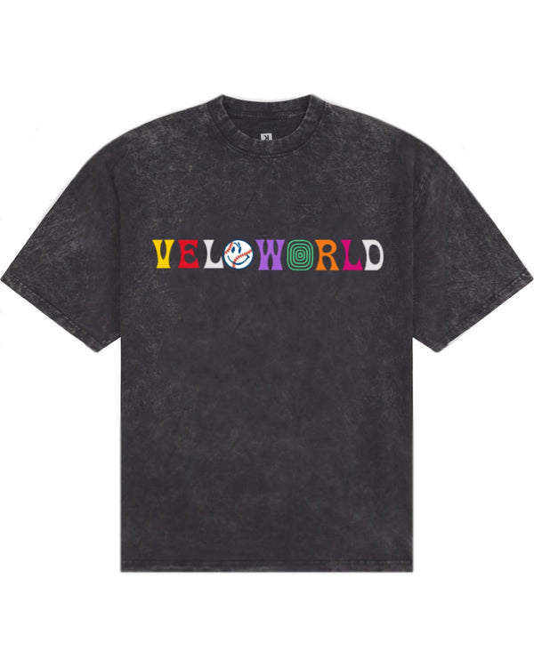 Youth Velo World Washed Tee, VeloWorld front graphic on black acid washed cotton